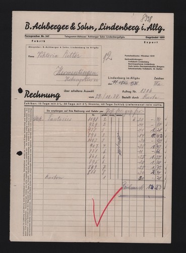 Lindenberg rechnung 1938 - lindenberg,, 1938,
